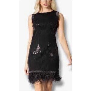 Vertigo Black Sleeveless Dress Embellished Mesh Sequins Ostrich Feathers NWT XL